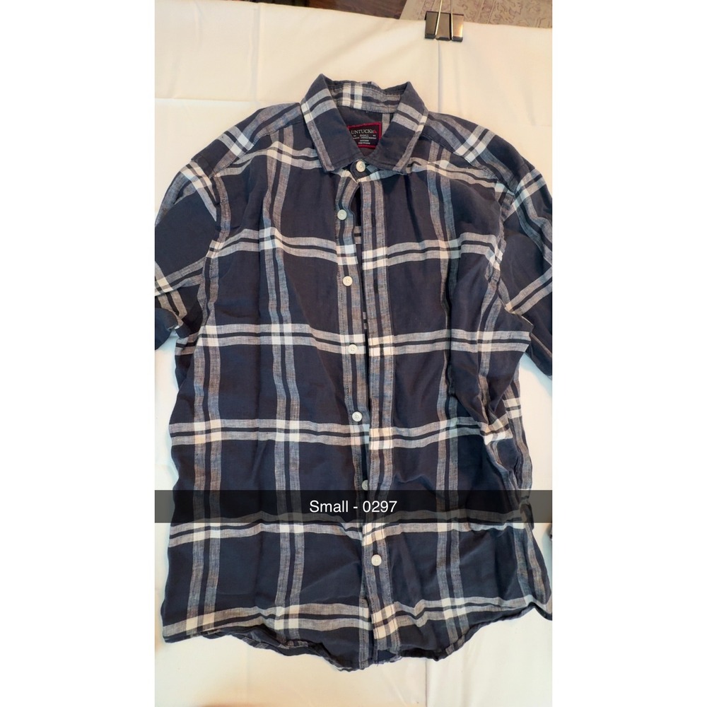 UNTUCKit Mens Small Slim Fit 100% Linen Wrinkle Resistant Plaid Shirt Navy White